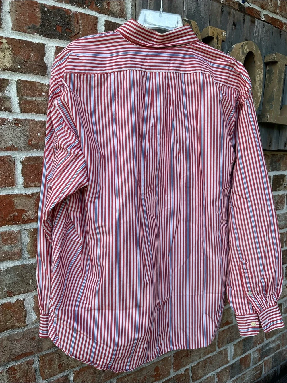 J. Crew Men’s Red and White Vertical Stripe Button-Down Shirt